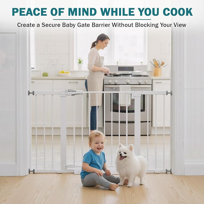 Mumeasy 29.7??8" Baby Gate for Stairs, Dog Gate for Doorways, Auto Close Child Gate, Indoor Safety Pet Gate with Walk Thru Door, Easy Install Pressure Mounted Extra Wide Gate for Kitchen, House,White