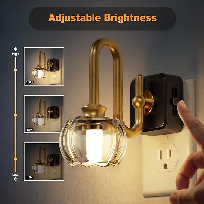JandCase Night Light, Night Lights Plug into Wall, Glass LED Nightlight, 0-100 LM Dimmable Nightlights, Dusk to Dawn Sensor, 1W Vintage Pumpkin Nite Light for Bathroom Hallway Decor, 1 Pack