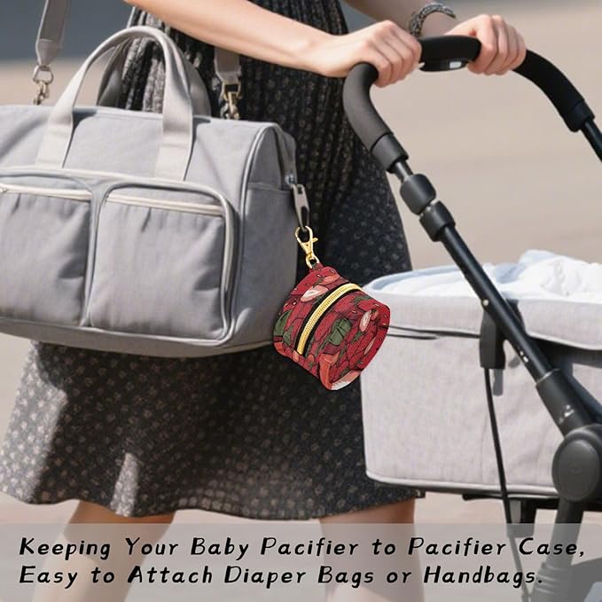 Pacifier Holder with Clip Pacifier Case for Diaper Bag Round Baby Pacifier Pouch Box Bag Portable Cartoon Red Strawberry