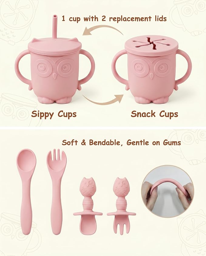Silicone Baby Feeding Set with Spoon, Bowls, Plates with Suction, Bib, and Toddler Sippy Cups with Replaceable Snack Lids, Pink