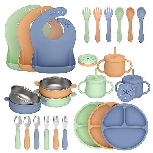 27 Pack Silicone Baby Feeding Set, Hepotk BPA-Free Food Grade Baby Feeding Essentials Utensils, Second Stage Baby Food Eating Utensils, Set of 3 babies(Brown, Blue, Green)