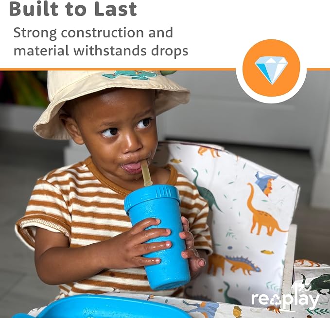 Re-Play 10 oz. Straw Cups for Kids with Silicone Locking Straws - Dishwasher & Microwave Safe - Made in USA - Set of 4-7.37" x 7.37" x 1.25" - Mermaid