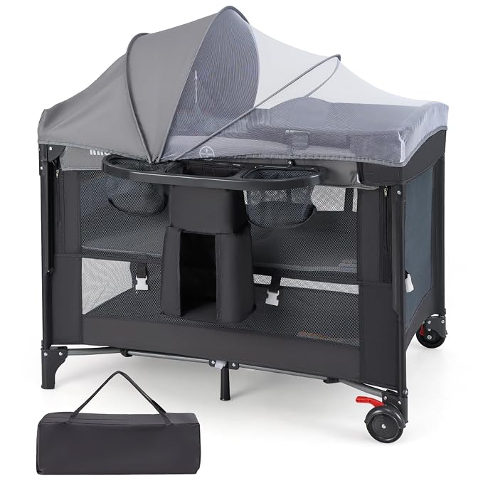 INFANS Baby Bassinet, 4 in 1 Pack and Play Baby Playard with Changing Table, Mosquito Net, Storage Basket, Travel Bag for Newborn 0-36 Months
