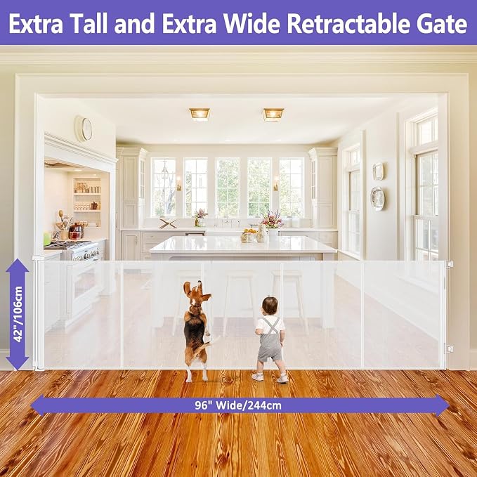 Reinforced 42" Tall Retractable Baby Gates 96" Wide Retractable Dog Gate with Support Rods-Prevent Crawling Under Long Baby Gate Extra Tall Dog Gate Indoor/Outdoor Retractable Gate, White