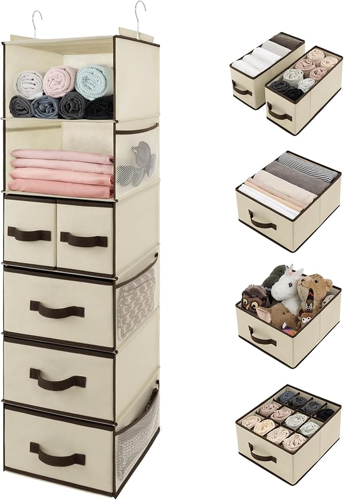 GRANNY SAYS Hanging Closet Organizers and Storage 6 Shelves, Closet Hanging Organizer with 5 Drawers, 6 Side Pockets Hanging Storage Organizer, Portable Clothes Organizer for Closet, Beige