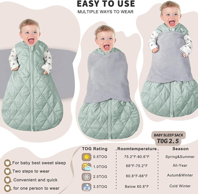 BSTOPPT Newborn Sleep Sack Baby Swaddle,3-Way Adjustable Wearable Blanket,Swaddling Sleeping Bag,TOG 2.5 (Green, 3-6 Months)