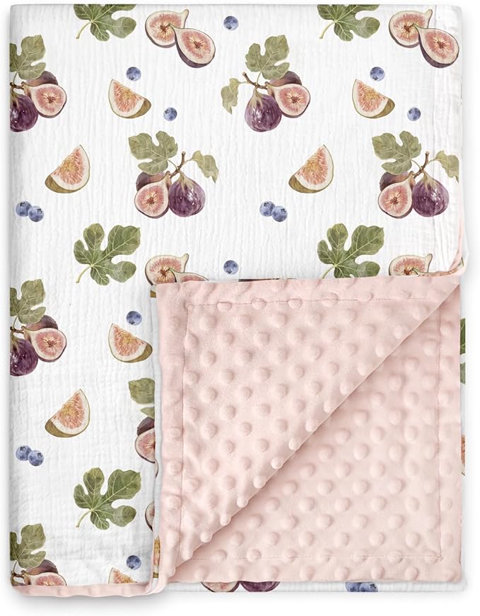 GLLQUEN BABY Blankets for Girls, Soft Muslin Cotton Front Dotted Fleece Backing, Nursery Minky Crib Blanket for Infant Toddler, 30 x 40 inches Throw Blanket, Pink & Fruits