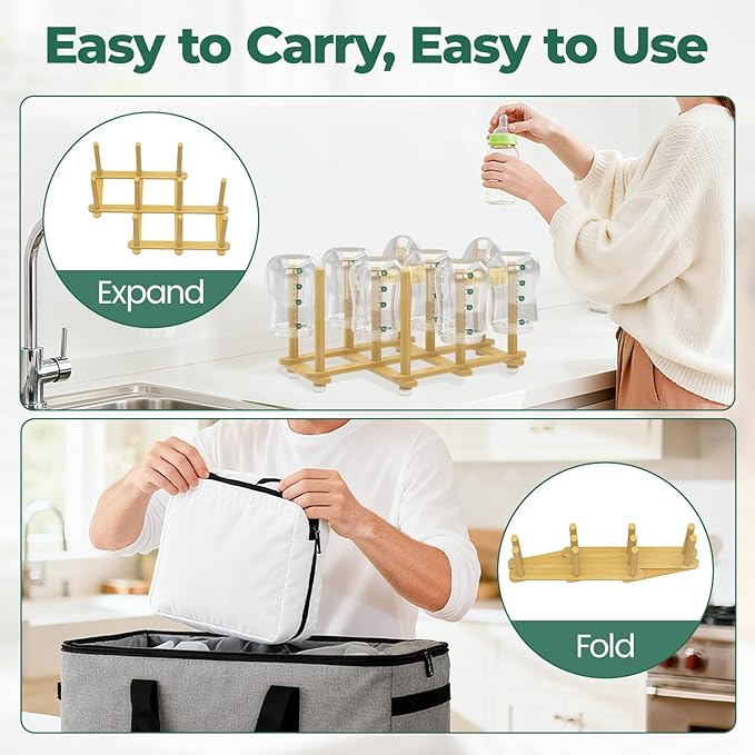 EsLuker.ly Baby Bottle Drying Rack Bamboo Vertical Dryer Holder, Foldable Space Saving for 10 Milk Glass Bottle Countertop, Wooden Drain Stand Shelf for New Parents