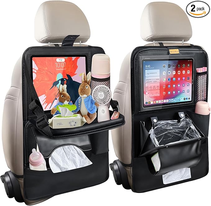 2-Pack Leather Car Backseat Organizer with Tablet Holder?“Foldable Food Tray,Storage Pockets,Trash Can,Tissue Holder & Insulated Bag?“Kick Mats Protector for Kids,Travel Accessories Organizer