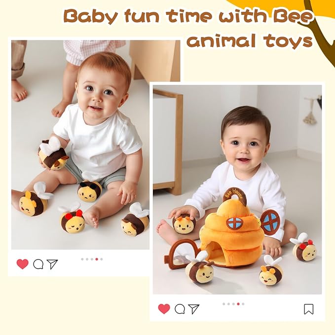Koty Baby Toys 6-12 Months,Bee House Sensory Learning Toy, Beehive wtih wtih rattles, Squeaker, Mirror,5pcs Yellow Plush Bees, Educational Montessori Toy for Infants 6-12 Months