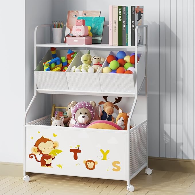 BBLIKE Toy Storage Organizer with Wheels - 3-Tier Kids Large Toy Box, Toy Chest Storage for Boys Girls Toddlers, Kids Bookshelf with 3 Fabric Toy Boxes for Playroom, White