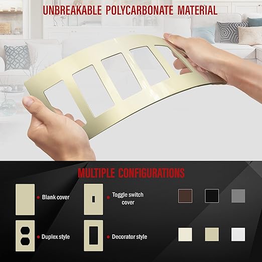 ENERLITES Screwless Decorator Wall Plate Child Safe Outlet Covers, Size 6-Gang 4.68" H x 12.00??L, Unbreakable Polycarbonate Thermoplastic, SI8836-I, Glossy, Ivory