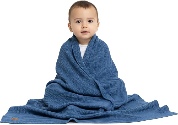 Organic Cotton Baby Blanket 30x40 in, Aegean Blue – GOTS Certified, Soft Knit Swaddle with Gift Box, Breathable Nursery Blanket for Crib & Stroller, Machine Washable