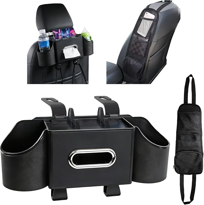 Back Seat Car Organizer with Car Seat Storage Hanging Bag, 4 in 1 Multifunctional Car Seat Back Storage Box, Car Organizer Back Seat with Tray, Hold Phone,Snacks, Drinks, Handbag