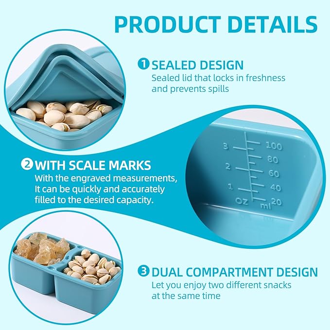 4 Pack Silicone Snack Containers with Lids, 6.8 Oz Double Compartment Food Storage Containers for Picnic, School, Office, Travel Meal Prep and Kitchen Storag