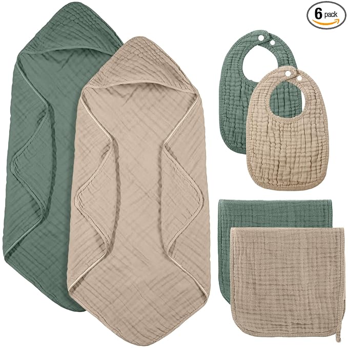 Hahafelt 6 Pcs Muslin Hooded Bath Towels Washcloths and Bibs Set, Muslin Cotton Baby Towels Absorbent Hooded Blanket Towel Infant Bibs for Boys Girls Newborn Infant Essential(Dark Green, Beige)