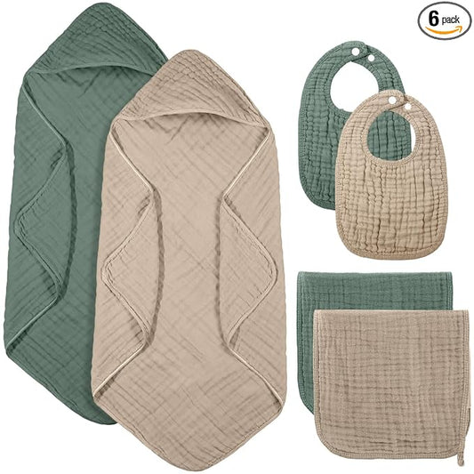 Hahafelt 6 Pcs Muslin Hooded Bath Towels Washcloths and Bibs Set, Muslin Cotton Baby Towels Absorbent Hooded Blanket Towel Infant Bibs for Boys Girls Newborn Infant Essential(Dark Green, Beige)