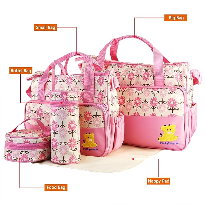 5-Pack Mummy Diaper Shoulder Bag Set w/Changing Pad ??Large Water-Resistant Nappy Bag with Insulated Pockets