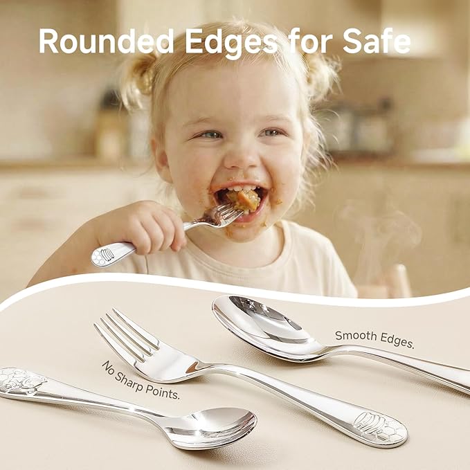 KINGSTONE Toddler Utensils Gift Set, 4-Piece Forks & Spoons, Small & Large, 18/10 Stainless Steel, Ergonomic Flatware for Toddlers & Kids, Self-Feeding, Honey Bear Print