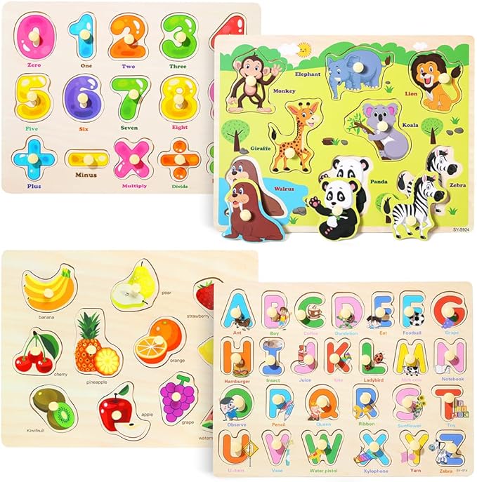 GRINNNIE Wooden Peg Puzzle for Toddlers 3 4 5 Years Old, 4 PCS Montessori Educational Learning Puzzles Set-Numbers, Letters, Animals and Fruits, Great Preschool Gifts for Girls and Boys