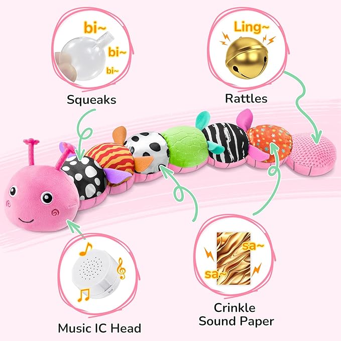 AWOTOY Baby Toys 6-12 Months Music Caterpillar,Stuffed Animals Infant Toys 0-3-6 Months,Baby Sensory Toys Tummy Time with Crinkle Rattle Teething Toys Boys Girls Gifts Birthday Easter Basket Stuffer