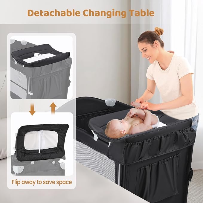 JOYMOR 5-in-1 Pack and Play with Bassinet and Changing Table, Lightweight Travel Crib, Foldable Baby Playard, Waterproof Changing Top, Carry Bag & Wheels