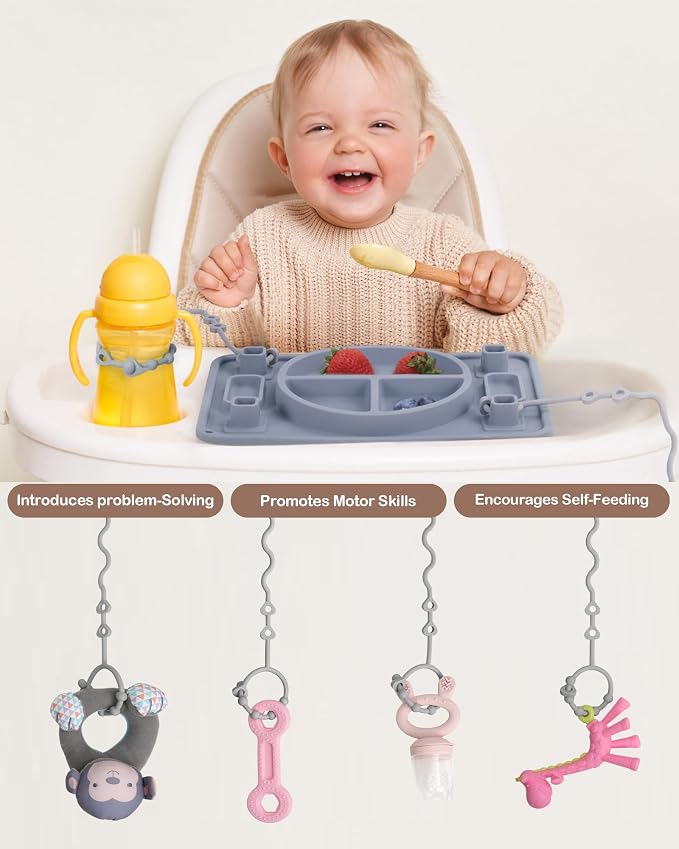 Strong Suction Baby Placemat, STARTURFLYU Silicone Toddler Plate with 4 Toy Straps & Anti-Peel Design, Dishwasher Safe Travel-Friendly Sensory Mat for High Chair, Airplane, Baby Led Weaning (Khaki)