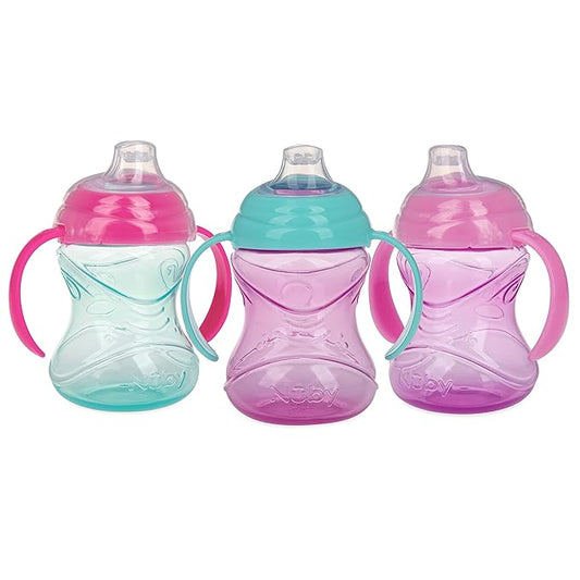 Nuby Clik-It Grip N' Sip Soft Spout No-Spill Training Sippy Cup with Handles - 10 oz - 4+ Months - Aqua/Purple/Pink,3 Count (Pack of 12)