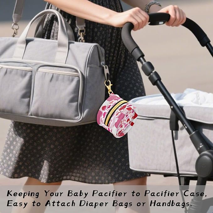Pacifier Holder with Clip Pacifier Case for Diaper Bag Round Baby Pacifier Pouch Box Bag Portable White Pink Love Valentine