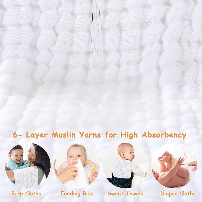 Looxii Muslin Burp Cloths Baby Girl 6 Pack - 20" x 10" - Ultra Soft & Absorbent, 6-Layer 100% Cotton for Spit Up & Drool- Gentle Baby Burping Cloth, Newborn Essentials Shower Gift Girl, White