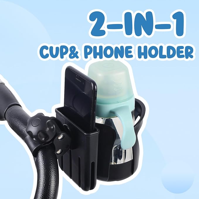 Universal Walker Cup Holder, 2-in-1 Bike Cup Holder, 360° Rotatable Caliber Designed Bottle Holder for Stroller, Wheelchair, Walker, Scooter, Uppababy Doona Graco Nuna Stroller Accessories