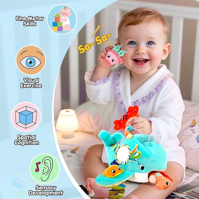 FREYBLI Baby Toys 6-12 Months - Soft Ocean Adventure Toy with Rattle, Crinkle Paper, Squeaker, Mirror - 6 Month Old Baby Toys Gifts, Baby Sensory Montessori Toys for 6 Month Old Boy Girl