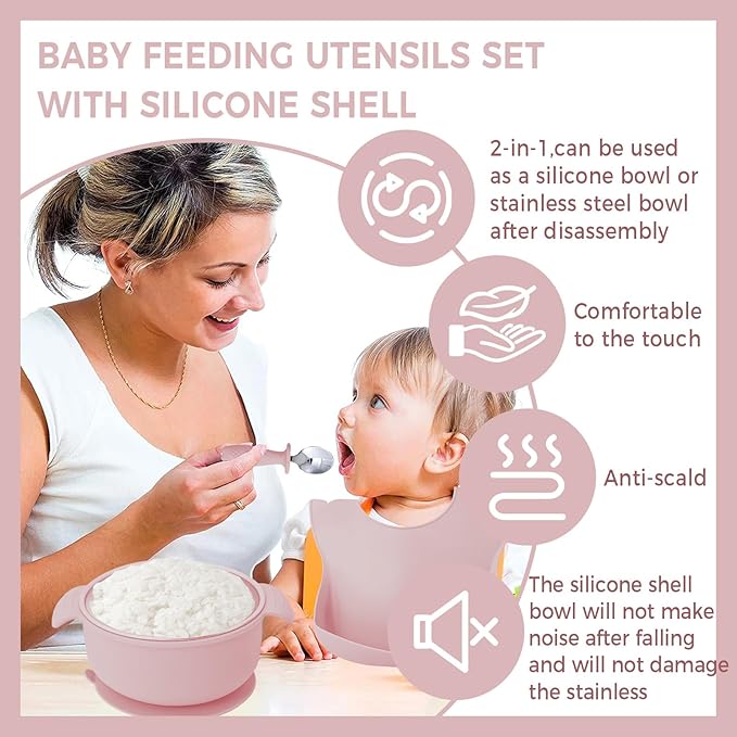 7 Pieces 304 Stainless Steel Baby & Toddler Feeding Set - Suction Divided Plates, Bowls, Silicone & Stainless Spoon Fork,Pocket Bib Unbreakable, Dishwasher Safe Kids Dinnerware Essentials (Pink)