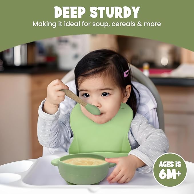 Baby Feeding Essentials, Baby Led Weaning Supplies, Silicone Baby Feeding Set, with Baby Spoon, Fork, Baby Bib, Sippy Cup, Suction Plate, Suction Bowl, Baby Eating Essentials, 6+ Months (Olive)