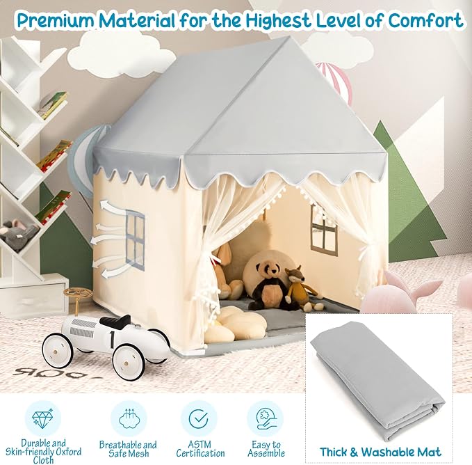 Costzon Kids Play Tent, Large Playhouse w/Washable Mat, Windows, Solid Wood Frame, Indoor Outdoor Princess Tent for Children Boys & Girls, Castle Fairy Tent, Holiday Birthday Gift (Beige)