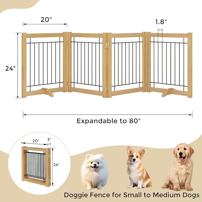 Acovy Wire Dog Gate Solid Wood Frame, Anti-Chewing, 4-Panel, 24" Height, 80" Width, Indoor Freestanding Pet Gate Foldable Wooden Dog Fences for Stairs, House, Doorway, Oak Color