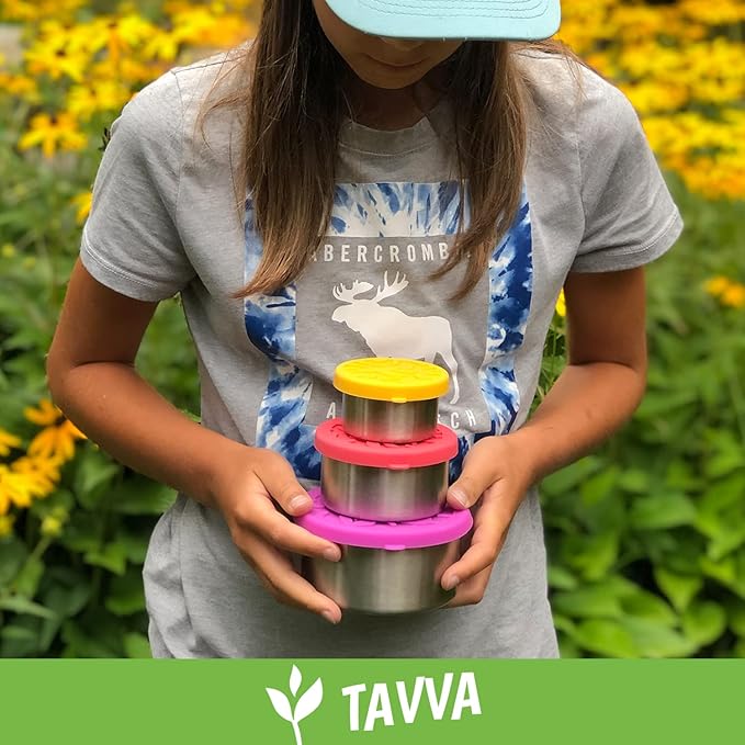 TAVVA Stainless Steel Snack Containers for Kids [12oz/ 7oz/ 3oz] - Leakproof with Silicone Lids, Lunch Box for Kids, Metal Lunchbox for School, Office, Home Food Storage, Dishwasher & Freezer Safe
