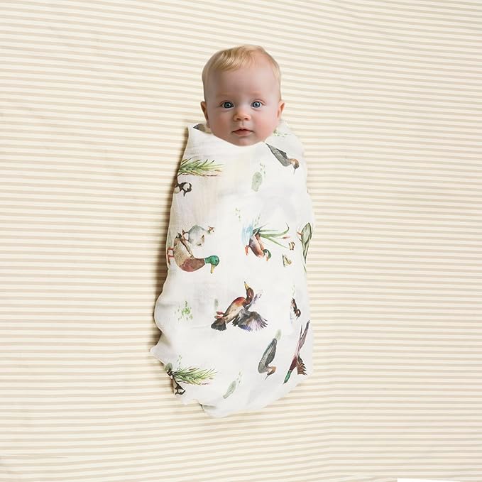 Muslin Swaddle Blankets Neutral - Soft 47x47 Inch Baby Swaddle Wrap & Nursery Receiving Blanket, Mallard Duck/Woodland - Breathable 70% Bamboo Viscose & 30% Cotton