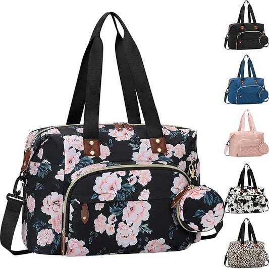 Tenot Diaper Bag Tote with Pacifier Case, Baby Bag for Women with Shoulder Straps, Travel Diaper Tote for for Mom and Dad Black Pink Floral