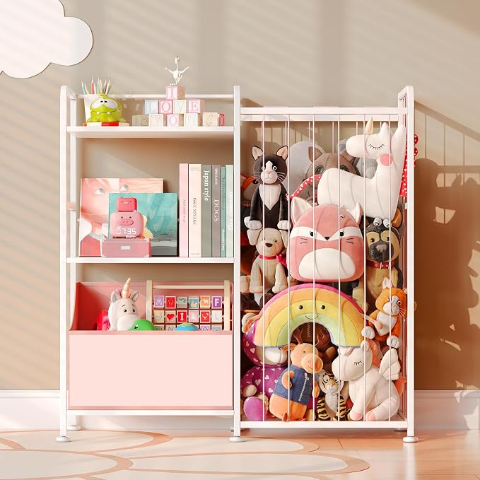 BBLIKE Kids Bookshelf and Toy Storage Organizer, Stuffed Animal Storage Holder with Fabric Toy Chest, 2-Tier Toddler Book Shelf for Kids Room, Playroom, Nursery, Pink