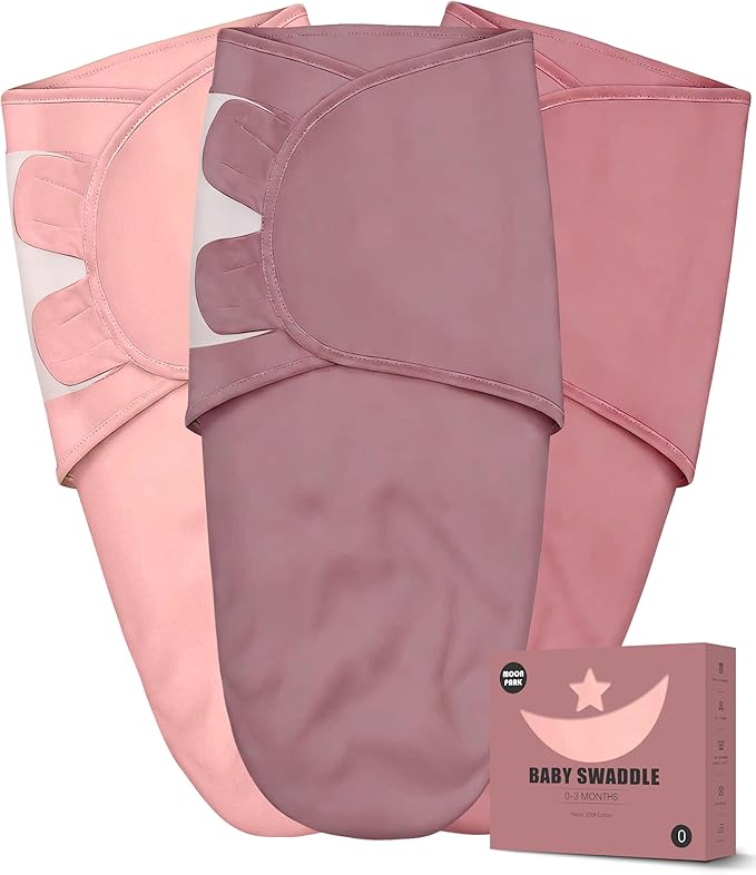 Newborn Swaddle Blanket Wrap 0-3 Months (3-Pack) - Adjustable Infant Sleep Sack, 100% Cotton Anti-Startle Soothing Sack, Soft Breathable Nursery Bedding - Dusty Rose + Pearl + Mauve