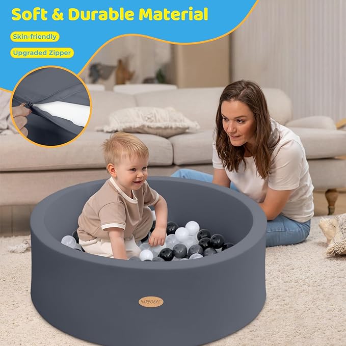 HARBOLLE Baby Ball Pit 35.4" Soft Round Memory Foam Ball Pits NOT Included Balls Indoor Outdoor Playpen for Babies Toddlers Kids Great Gift for Girls Boys, Dark Gray