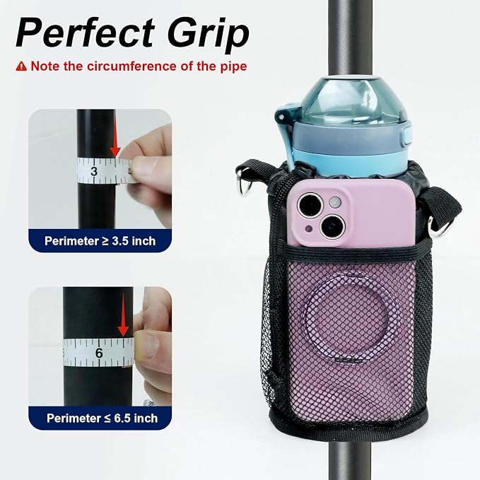 Cup Holder for Bike, Wheelchair and Scooter, Water Bottle Holder for Bicycle, Walker, Stroller, Utv, ATV eBike and Beach, Universal Drink Holder Accessories with Strap and Net Pocket - Black