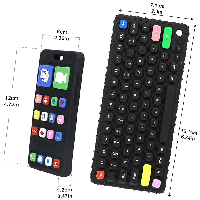 Baby Silicone Teething Toys, Phone and Keyboard Teether Toys for Toddlers 3-18 Months, Boys Girls Babies Teething Toy, Baby Chew Toy, Freezer BPA Free (PhoneKeyboard)
