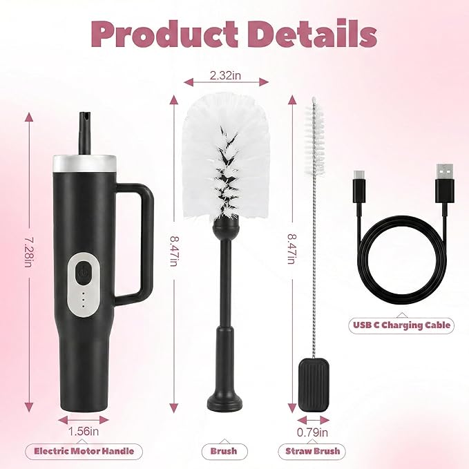 Electric Water Bottle Brush and Straw Cleaner Brush, Long Handle Bottle Cleaner Brush, 2 in 1 Bottle Cleaning Brush for Sports Bottles, Baby Bottles, Mugs, Straws,Stanley Cup