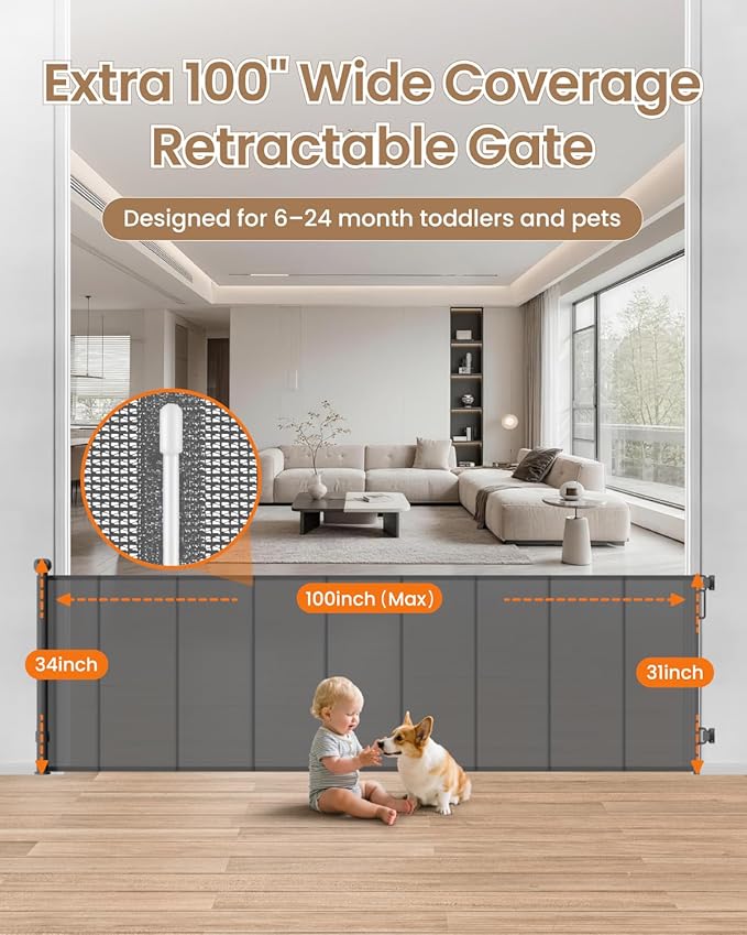Retractable Baby Gate Extra Wide, 100" Wide Anti-Sagging Pet Gate with 8 Support Rods, 34" Tall Scratch-Resistant Extra Long Dog Gate for Large Openings, Doorways & Open Spaces, Gray