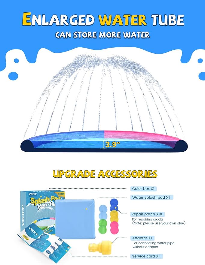 VISTOP Non-Slip Splash Pad for Kids and Dog, Thicken Sprinkler Pool Summer Outdoor Water Toys - Fun Backyard Fountain Play Mat for Baby Girls Boys Children or Pet Dog (87 inch, Red&Yellow&Green&Blue)