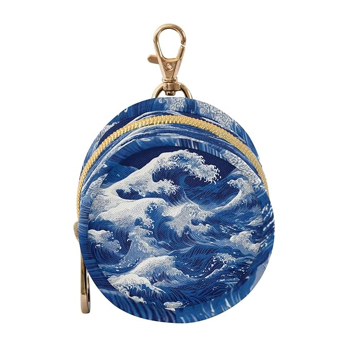 Pacifier Holder with Clip Pacifier Case for Diaper Bag Round Baby Pacifier Pouch Box Bag Portable Japanese Deep Blue Sea Waves