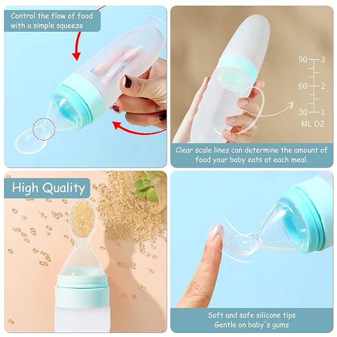 WAJIAYON Baby Food Feeder 4 Pack Silicone Baby Food Dispensing Spoon-3 oz Squeeze Feeding Spoons with Suction Cup for Boys Girl Kids Toddlers - Self Feeding Bottle Spoon-Light Blue