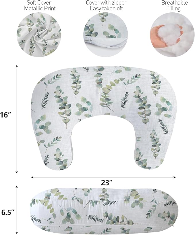 Little Grape Land Muslin Nursing Pillow, Soft 100% Cotton Breastfeeding Pillow with Breathable Removable Cover, Green Leaves Breast Feeding Pillows for Babies 0-12 Months with Protective Zipper